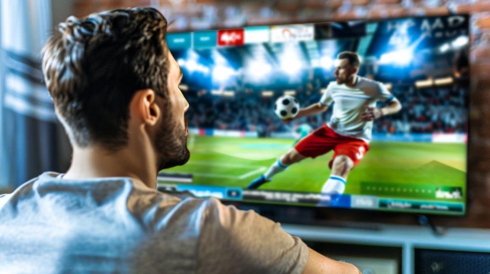 Man relaxing sofa home watching football match tv